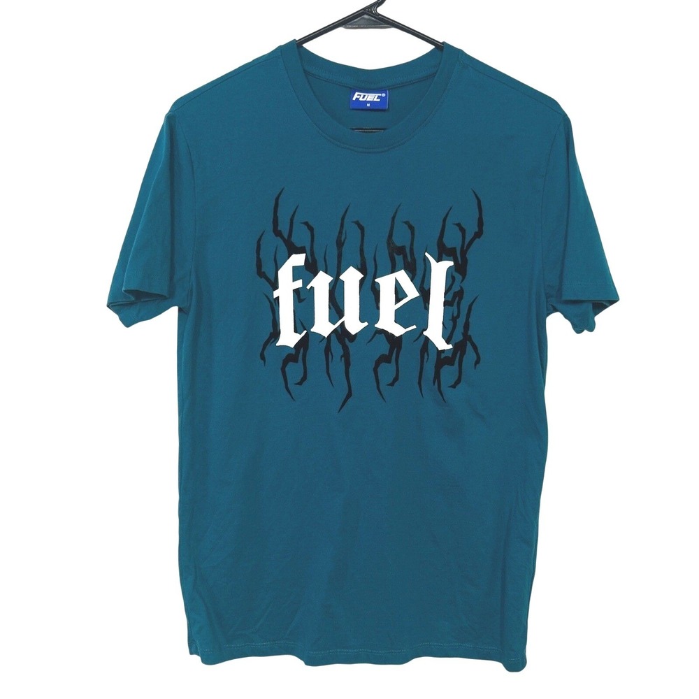 Y2K Flame Graphic Tee M Teal Fuel Grunge Revival Skater Streetwear Retro Shirt